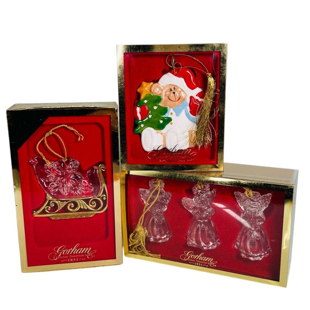 Gorham Christmas Ornaments Teddy with Tree Antique Gold Sleigh Angels Lot